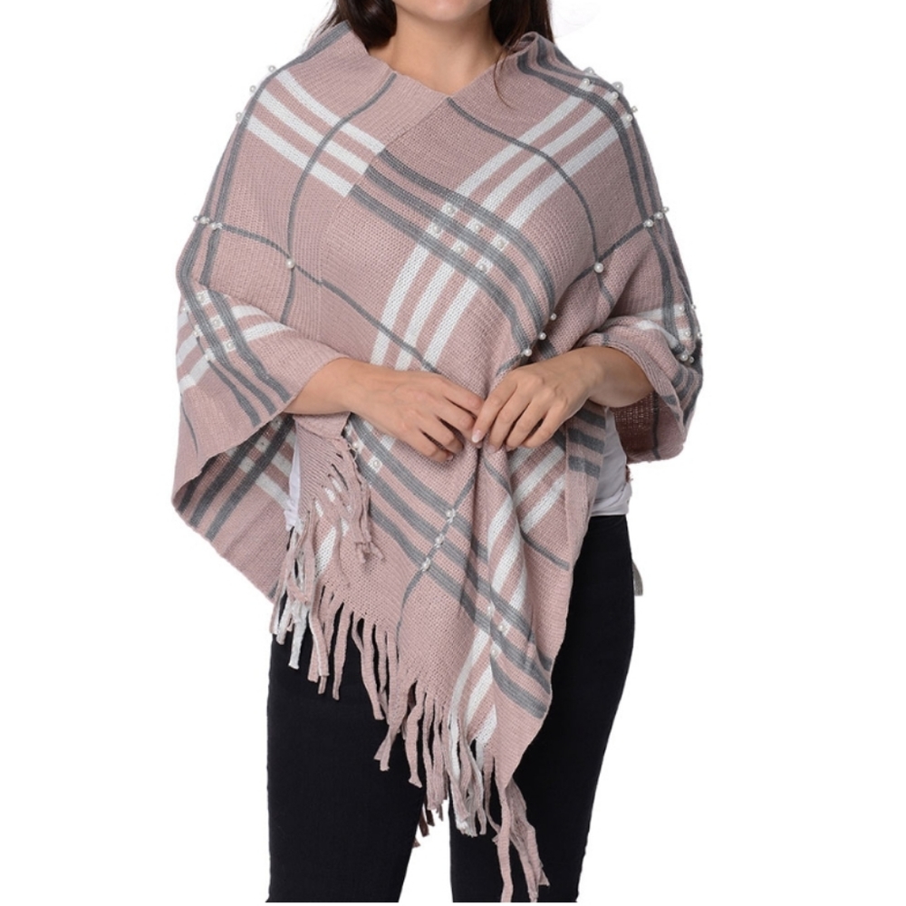 Pink and Gray Poncho with Tassels